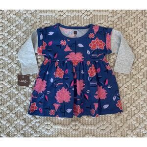 Tea Collection Dress Baby Girls 6-9M Blue Floral Long Sleeve Cotton Tunic NWT